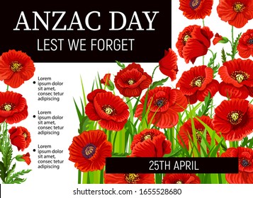 Poppies of Anzac Day, vector poster design. Red flowers of Australian and New Zealand army soldiers, war veterans commemorate anniversary. Anzac Day Lest We Forget memorial poppies, black ribbons