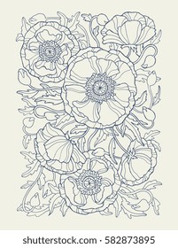 Poppies background. Vector artwork. Forest plant with line pattern. Coloring book page for adult. Bohemia concept for wedding invitation, card, ticket, branding, boutique logo, label. Gift for women