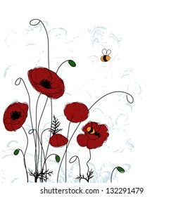 Poppies and bees. Summer background