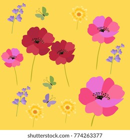 Poppies, bell flowers and marigold isolated on yellow background. Endless summer meadow pattern. Square card. Vector design.