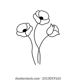 Poppies with branch line art, Outline, design template black and white