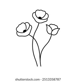 Poppies with branch line art, Outline, design template black and white