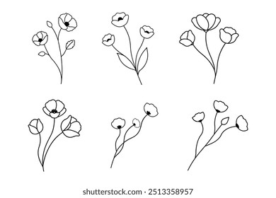 Poppies with branch line art, Outline, design template black and white