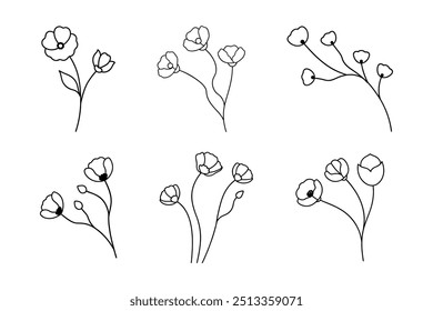 Poppies with branch line art, Outline, design template black and white