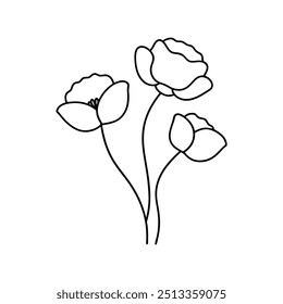 Poppies with branch line art, Outline, design template black and white