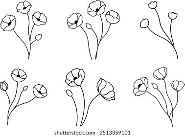 Poppies with branch line art, Outline, design template black and white
