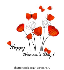 Poppies and Butterflies. Happy Women's Day. Card. Vector