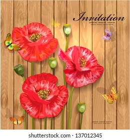 Poppies with butterflies on wood texture for your design