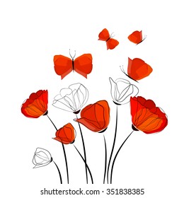Poppies and Butterflies. Vector
