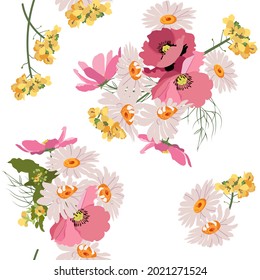 Poppies and chamomile. Seamless summer vector illustration on a white background. For decorating textiles, packaging, wallpaper.