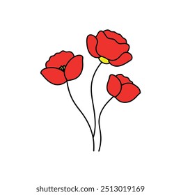 Poppies colors flower with branch line art, Outline, design template with white background