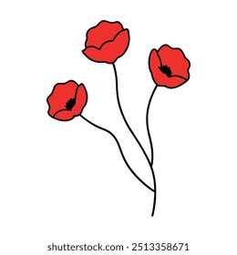 Poppies colors flower with branch line art, Outline, design template with white background