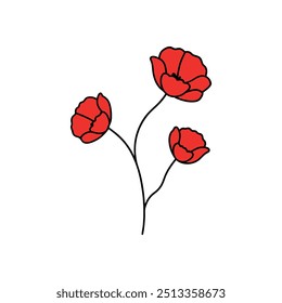 Poppies colors flower with branch line art, Outline, design template with white background