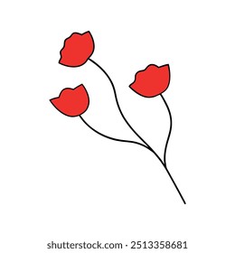 Poppies colors flower with branch line art, Outline, design template with white background