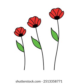 Poppies colors flower with branch line art, Outline, design template with white background