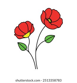 Poppies colors flower with branch line art, Outline, design template with white background