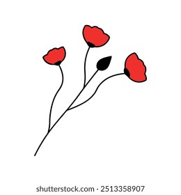 Poppies colors flower with branch line art, Outline, design template with white background