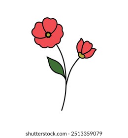 Poppies colors flower with branch line art, Outline, design template with white background