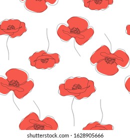 Poppies continuous line drawing. Seamless texture. Abstract minimal poppy. Red. Doodles in black and white. Beautiful floral background. Handwriting. Vector art illustration for textile, wallpaper.