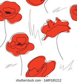 Permite realizar un dibujo de línea continua. Textura sin inconvenientes. Abstracto mínimo de amapola. Rojo. Doodles en blanco y negro. Bonito fondo floral. Escritura a mano. Ilustración vectorial de papel pintado.