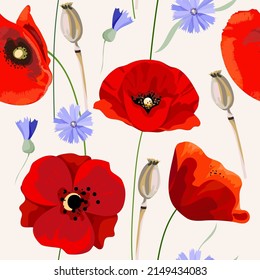 Poppies, flores de maíz sobre un fondo beige claro.Patrón sin foco.Ilustración vectorial.  