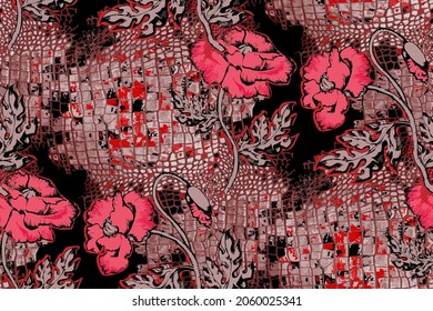 Poppies and crocodile pattern. Seamless abstract pattern. Black and red