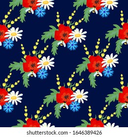 Poppies, daisies, cornflowers on a dark background. Seamless vector pattern for textiles, fabric, background, wrapping paper, Wallpaper.