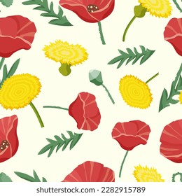 Poppies and dandelion on a light yellow background. Seamless pattern. Floral vector illustration for textile, print, wrapping.