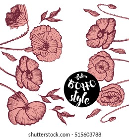 Poppies decorative composition in boho style. Hand drawing. Stylized flowers