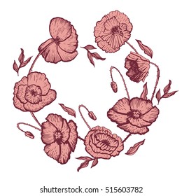 Poppies decorative wreath in boho style. Hand drawing. Stylized flowers