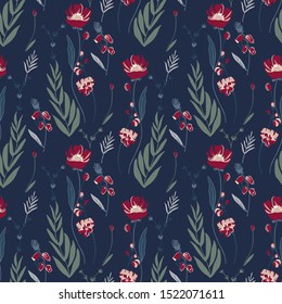 
Poppies and different plants on a blue background