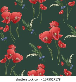 Poppies and ears of field grass on a dark green background. Textile composition, template for design of print, fabric, wallpaper and box.