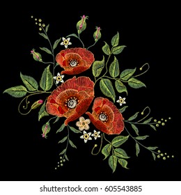 Poppies embroidery on black background. Decorative floral embroidery elegant flowers poppy vector 