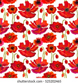 Poppies field. Seamless vector pattern with blooming wildflowers. 1950s, 1960s motifs. Bohemian textile collection. Red on white.
