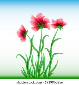Poppies field sky in abstract style. Vintage nature illustration. Stock image.