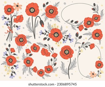 Poppies flat illustrations set. Floral compositions. Wildflowers bouquets, wreath with poppy, cornflowers and daisy. Blossom plants design elements