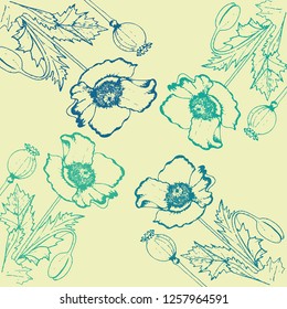 poppies floral blue pattern on pistachio color background