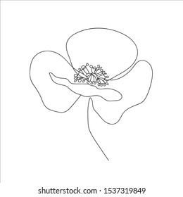 Poppies flower continuous line drawing. Abstract minimal poppy. Editable vector line. Poppy flower icon, logo, label. Doodles in black and white. Illustration. Handwriting