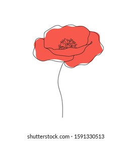 Poppies flower continuous line drawing. Abstract minimal poppy. Editable vector line. Poppy flower icon, logo, label. Doodles in black and white. Red. Illustration. Handwriting. 