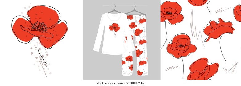 Poppies flower continuous line drawing on white background. Seamless pattern for children, girls, women. Women's, designer pajamas. Vector illustration. Typography of clothes, shirts, t-shirts. 
