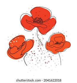 Poppies flower continuous line drawing. Abstract minimal poppy. Editable vector line. Poppy flower icon, logo, label. Doodle. Vector illustration. Typography of clothes, shirts, t-shirts.