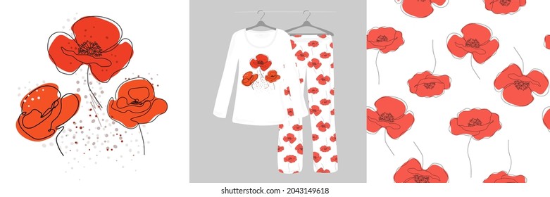 Dibuja una línea continua de flores sobre fondo blanco. Patrón sin foco para niños, niñas, mujeres. Las mujeres, pijamas de diseño. Ilustración vectorial. Tipografía de ropa, camisas, camisetas. 