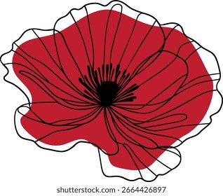Poppies flower continuous line drawing. Black and white art, vector