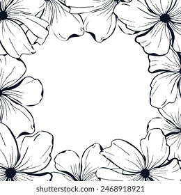 Poppies flower frame for card or invite. Liene art ink hand drawn floral vector background