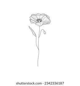 Poppies flower line art. Simple hand drawn poppy blossom, floral doodle, botany sketch for tattoo print. Vector design