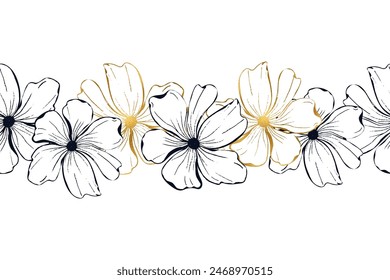 Poppies flower seamless boarder for card or invite. Line art ink hand drawn floral vector background