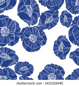Poppies flower seamless pattern in hand drawn sketch style. Line art background. Trendy vector illustration for papier, textile, decoration, wallpaper and wrapping