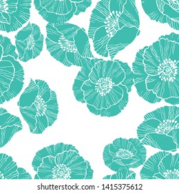 Poppies flower seamless pattern in hand drawn sketch style. Line art background. Trendy vector illustration for papier, textile, decoration, wallpaper and wrapping