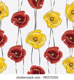 Poppies flower in watercolour pattern