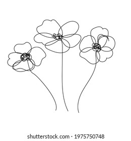 Poppies flowers in continuous line drawing. Sketchy poppy collection. Outline simple artwork with editable stroke. Vector illustration.